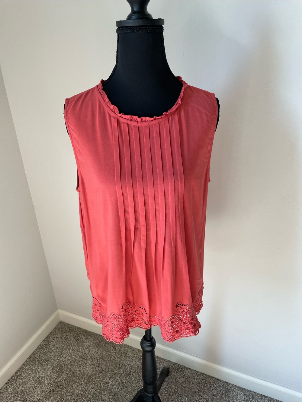 LOFT Coral Pleated Sleeveless Top with Crochet Hem